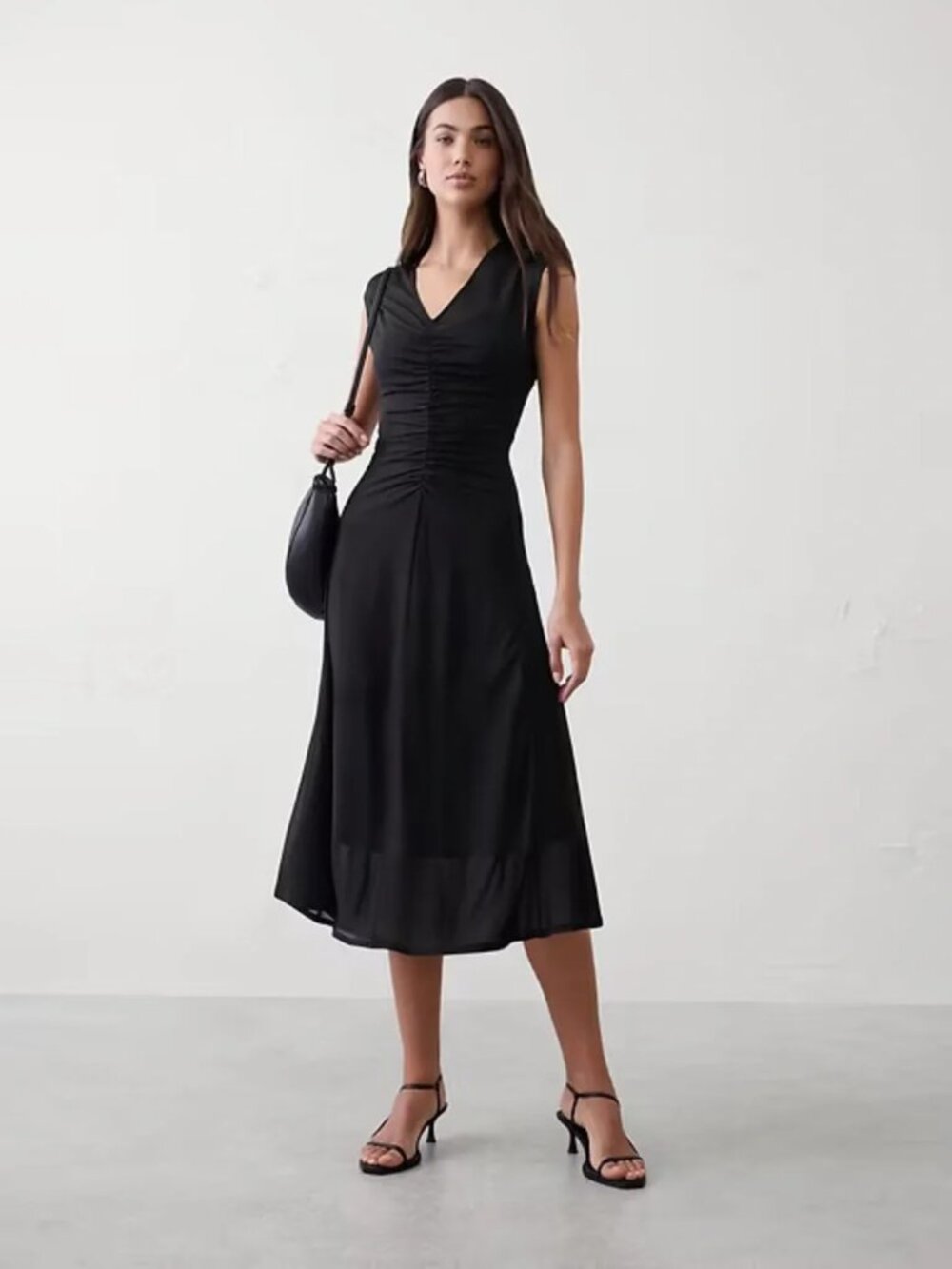 NWT Banana Republic Factory L Black Shirred Waist Long Midi Dress